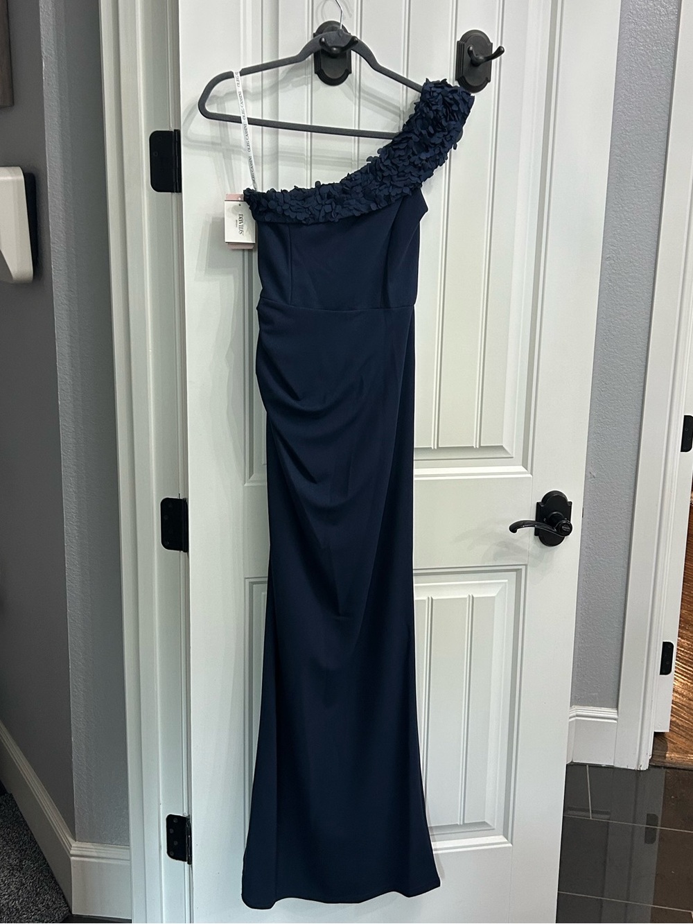 Oleg Cassini Navy One-Shoulder Evening Gown with Floral Shoulder